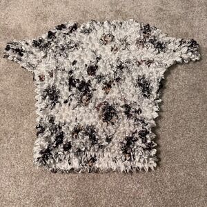 F.C Vintage Popcorn Top Women White Black Abstract Floral Crinkle Stretch Shirt